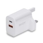 LINDY 73425 30W USB Type A & C Charger UK Plug, 3A, Power Delivery 3.0 + PPS, 2 Output Connectors (USB, 24 pin USB-C), White