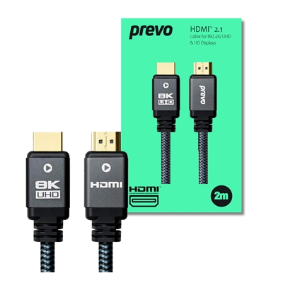clpre-hdmi21-2m-lg.jpg Prevo HDMI-2.1-2M HDMI Cable, HDMI 2.1 (M) to HDMI 2.1 (M), 2m, Black & Grey, Supports Displays up to 8K@60Hz, 99.9% Oxygen-Free Copper with Gold-Plated Connectors, Superior Design & Performance, Retail Box Packaging - Image 1