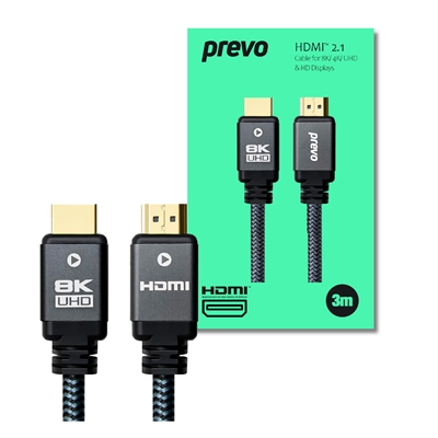 clpre-hdmi21-3m-lg.jpg Prevo HDMI-2.1-3M HDMI Cable, HDMI 2.1 (M) to HDMI 2.1 (M), 3m, Black & Grey, Supports Displays up to 8K@60Hz, 99.9% Oxygen-Free Copper with Gold-Plated Connectors, Superior Design & Performance, Retail Box Packaging - Image 1