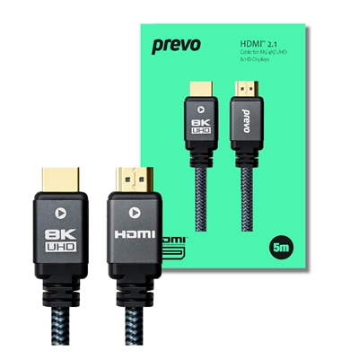 clpre-hdmi21-5m-lg.jpg Prevo HDMI-2.1-5M HDMI Cable, HDMI 2.1 (M) to HDMI 2.1 (M), 5m, Black & Grey, Supports Displays up to 8K@60Hz, 99.9% Oxygen-Free Copper with Gold-Plated Connectors, Superior Design & Performance, Retail Box Packaging - Image 1
