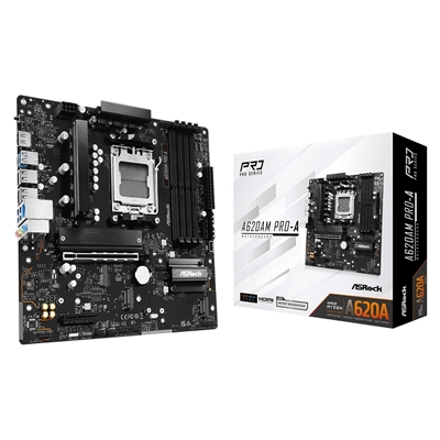 mbasr-a620amproa-lg.jpg ASRock A620AM PRO-A AMD Socket AM5 Motherboard, 4x DDR5 Slots, 3x M.2 Socket, 2.5GbE LAN, 1x HDMI Port - Image 1