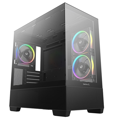 cadee-cg3803f-lg.jpg DeepCool CG380 3F Micro-ATX Gaming Case Black Panoramic Tempered Glass Side Panel, Mesh Airflow Front, 3 Pre-Installed ARGB Fans, USB-C & USB-A Front I/O, Spacious SFF/mATX/ITX Build Support - Image 1
